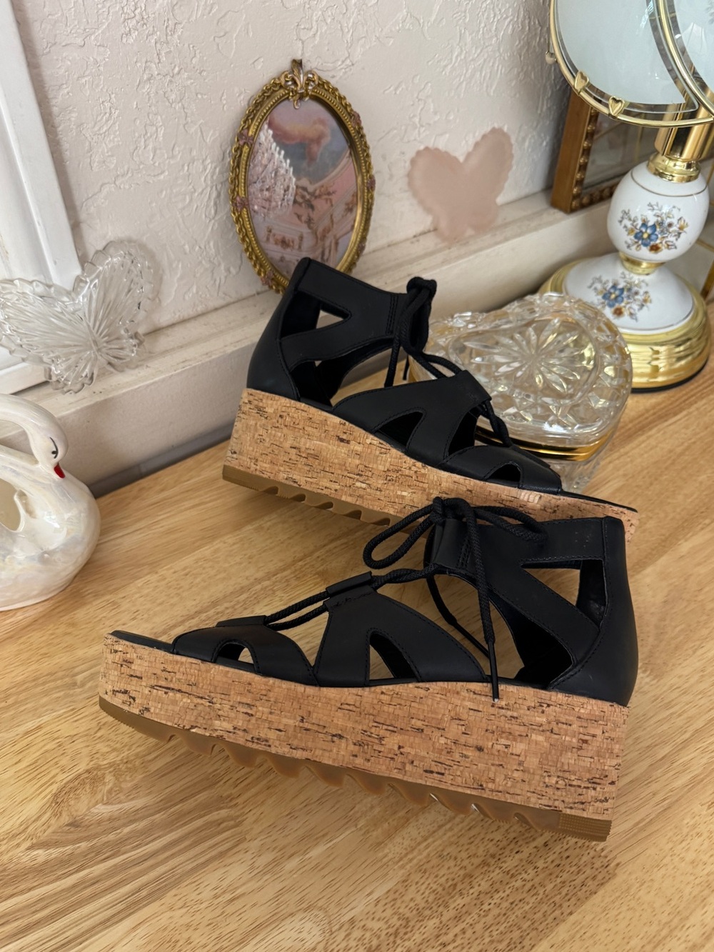 Sorel Black Cork Platform Gladiator Sandals Y2K Boho Wedges Size 8.5